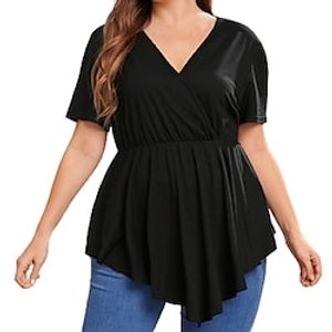 Women's Plus Size Tops Blouse T shirt Plain Ruched Short Sleeve V Neck Streetwear Daily Going out Polyester Spring Summer Green Black Lightinthebox