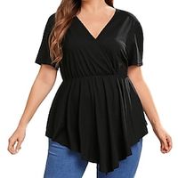 Women's Plus Size Tops Blouse T shirt Plain Ruched Short Sleeve V Neck Streetwear Daily Going out Polyester Spring Summer Green Black Lightinthebox - thumbnail