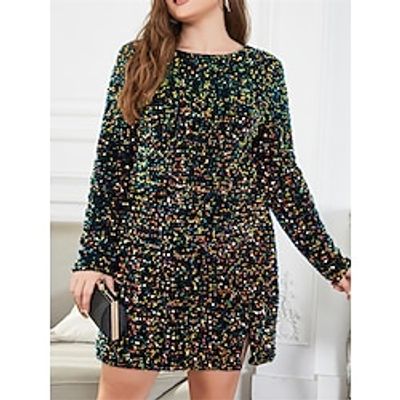 Women's Plus Size Party Dress Sequin Dress Cocktail Dress Mini Dress Black Long Sleeve Pure Color Sequins Spring Fall Winter Crew Neck Fashion Winter Dress Wedding Guest Vacation 2023 XL XXL 3XL 4XL Lightinthebox