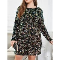 Women's Plus Size Party Dress Sequin Dress Cocktail Dress Mini Dress Black Long Sleeve Pure Color Sequins Spring Fall Winter Crew Neck Fashion Winter Dress Wedding Guest Vacation 2023 XL XXL 3XL 4XL Lightinthebox - thumbnail