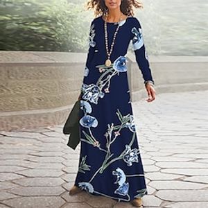 Women's Casual Dress Swing Dress Long Dress Maxi Dress Blue Long Sleeve Floral Pocket Winter Fall Autumn V Neck Winter Dress Fall Dress 2022 S M L XL XXL 3XL Lightinthebox