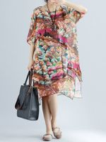 Casual Floral Print Layered Irregular Half Sleeve O-neck Women Dress