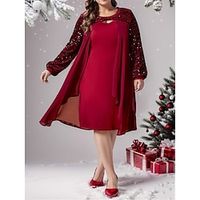 Women's Plus Size Party Dress Sequin Dress Cocktail Dress Midi Dress Wine Long Sleeve Pure Color Sequins Spring Fall Winter Crew Neck Fashion Christmas Wedding Guest 2023 S M L XL XXL 3XL Lightinthebox - thumbnail