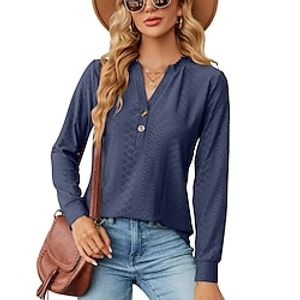 Women's Shirt Blouse Plain Black Wine Royal Blue Button Long Sleeve Casual Fashion V Neck Regular Fit Fall  Winter Lightinthebox