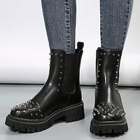 Women's Boots Chelsea Boots Plus Size Outdoor Work Daily Booties Ankle Boots Rivet Block Heel Round Toe Fashion PU Loafer Solid Color Black miniinthebox - thumbnail
