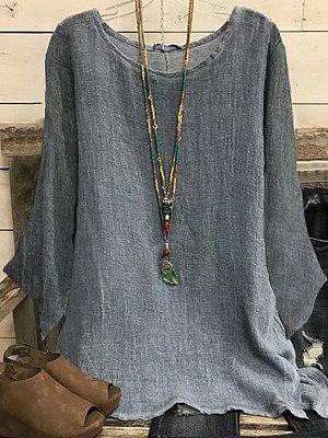 Casual Loose Solid Color Round Neck Long Sleeve Blouse Casual Loose Solid Color Round Neck Long Sleeve Blouse
