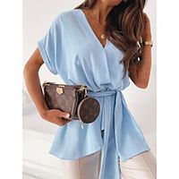 Women's Blouse Plain V Neck Tops Camel Light Blue miniinthebox - thumbnail