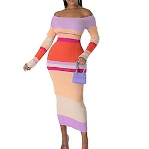 Women's Sweater Dress Sheath Dress Midi Dress Pink Long Sleeve Color Block Patchwork Knit Winter Fall Off Shoulder Stylish Modern Fall Dress 2022 S M L XL 2XL / Winter Dress miniinthebox