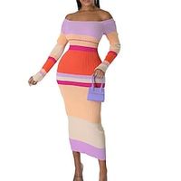 Women's Sweater Dress Sheath Dress Midi Dress Pink Long Sleeve Color Block Patchwork Knit Winter Fall Off Shoulder Stylish Modern Fall Dress 2022 S M L XL 2XL / Winter Dress miniinthebox - thumbnail