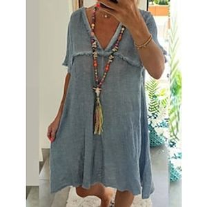 Women's Cotton Linen Dress Casual Dress Mini Dress Cotton And Linen Basic Casual Outdoor Daily V Neck Ruffle Short Sleeve Summer Spring 2023 Loose Fit Blue Plain S M L XL 2XL Lightinthebox