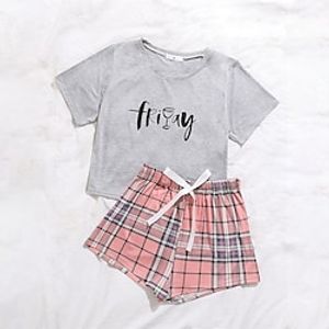 Women's Loungewear Sets Grid  Plaid Letter Comfort Home Daily Polyester Crew Neck # Shorts Spring Summer Gray Lightinthebox