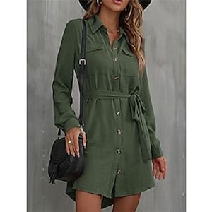 Women's Shirt Dress Casual Dress Mini Dress Outdoor Daily Vacation Polyester Fashion Modern Shirt Collar Lace up Button Long Sleeve Fall Winter 2023 Loose Fit ArmyGreen Black Red Pure Color S M L XL Lightinthebox