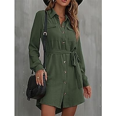 Women's Shirt Dress Casual Dress Mini Dress Outdoor Daily Vacation Polyester Fashion Modern Shirt Collar Lace up Button Long Sleeve Fall Winter 2023 Loose Fit ArmyGreen Black Red Pure Color S M L XL Lightinthebox