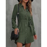 Women's Shirt Dress Casual Dress Mini Dress Outdoor Daily Vacation Polyester Fashion Modern Shirt Collar Lace up Button Long Sleeve Fall Winter 2023 Loose Fit ArmyGreen Black Red Pure Color S M L XL Lightinthebox - thumbnail