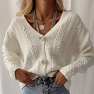 Women's Cardigan Cropped  Sweater Knitted Solid Color Stylish Long Sleeve Sweater Cardigans V Neck Fall Winter Khaki White Coffee miniinthebox