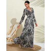 Neva Black White Spotted Print Bubble Satin V Neck Long Sleeve Swing Maxi Dress