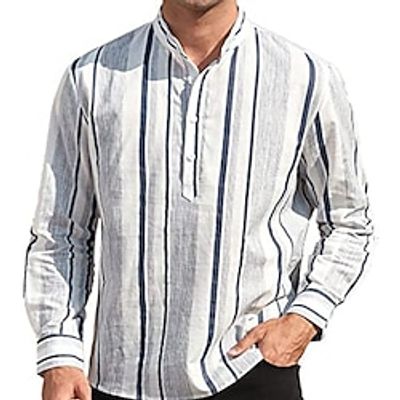 Men's Henley Shirt Casual Shirt Striped Black and White Collar Black  Gray Green Blue Dusty Blue Casual Daily Long Sleeve Button-Down Clothing Apparel Cotton Basic Fashion Streetwear Lightinthebox