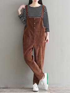 Casual Solid Strap Pockets Corduroy Jumpsuits
