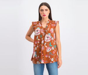 Womens Floral Pleated Tops  Brown Combo