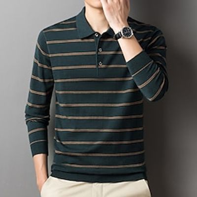 Men's Pullover Sweater Jumper Sweater Polo Knitwear Ribbed Knit Button Knitted Stripe Turndown Fashion Streetwear Daily Wear Vacation Clothing Apparel Fall  Winter Camel Dark Navy S M L Lightinthebox