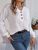 Women's Retro Jacquard Knitted Button V-Neck Balloon Sleeve Sweater