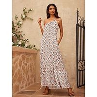 Women's Sundress Summer Dress Resort Wear Long Dress Maxi Dress Brown Strap Geometic Moroccan Plaid  Striped  Chevron  Round Print One Shoulder Ruffled Spring  Summer One Shoulder Ethnic Lightinthebox