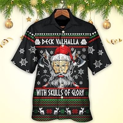 Santa Claus Viking Abstract Gothic Men's Shirt Outdoor Christmas Street Fall Turndown Short Sleeve Black S M L Shirt Lightinthebox