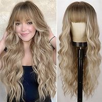 Blonde Wig With Bangs Long Wavy Curly Ombre Blonde Wig with Dark Roots Synthetic Heat Resistant Wigs for Women Daily Party Use 26 Inches miniinthebox