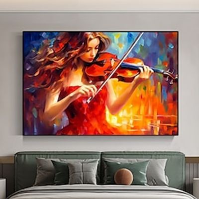 Violinist Girl Canvas Painting Handpainted musical instrument on Canvas Woman Playing Violin Canvas Girl in a Red Dress Wall Art For Home Gifts No Frame Lightinthebox