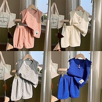 New Children's Vest Set, Baby Short Sleeved Two-Piece Set, Summer Children's Clothing, Waffle Trendy Children's Set, Trendy Lightinthebox