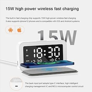 Multifunction 6 In 1 15W Multi-Function USB-C Alarm Clock With Wireless Charger Thermometer LED Night Light Bedroom Desk Lamp For IOS Android miniinthebox