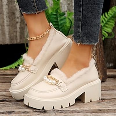 Women's Heels Loafers Mary Jane Plus Size Platform Loafers Outdoor Daily Fleece Lined Imitation Pearl Wedge Heel Round Toe Elegant Cute Casual Walking PU Loafer Beige Lightinthebox