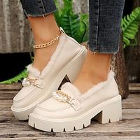 Women's Heels Loafers Mary Jane Plus Size Platform Loafers Outdoor Daily Fleece Lined Imitation Pearl Wedge Heel Round Toe Elegant Cute Casual Walking PU Loafer Beige Lightinthebox - thumbnail