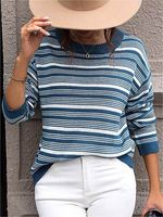 Women's Retro Striped Contrast Color Round Neck Blue Sweater