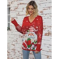 Women's Pullover Sweater Jumper V Neck Ribbed Knit Print Fall Winter Regular Christmas Stylish Soft Long Sleeve Santa Claus Xmas Tree Red Purple S M L miniinthebox - thumbnail