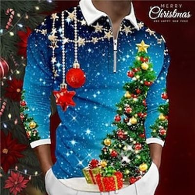 Christmas Tree Casual Men's 3D Print Zip Polo Golf Polo Outdoor Casual Daily Streetwear Christmas Polyester Long Sleeve Turndown Zip Polo Shirts Blue Fall  Winter S M L Lapel Polo miniinthebox