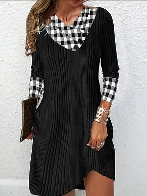 Women's Plaid V-neck Patchwork Solid Irregular Pit Dress Women's Plaid V-neck Patchwork Solid Irregular Pit Dress