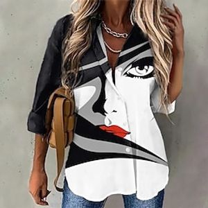 Women's Shirt Blouse Black Portrait Button Print Long Sleeve Casual Daily Basic Shirt Collar Regular Portrait S Lightinthebox