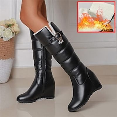 Women's Boots Motorcycle Boots Height Increasing Shoes Winter Boots Outdoor Daily Solid Color Fleece Lined Knee High Boots Winter Platform Wedge Heel Hidden Heel Round Toe Elegant Vintage Fashion miniinthebox