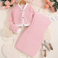 2 Pieces Kids Girls' Houndstooth Off Shoulder Dress Coat Set Sleeveless Fashion School 7-13 Years Summer Pink Lightinthebox