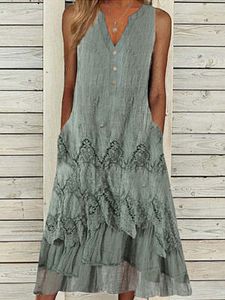 V-neck Loose Cutout Lace Panel Vacation Sleeveless Midi Dress