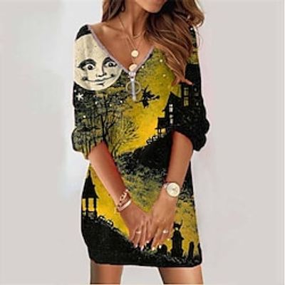 Women's Sweatshirt Dress Shift Dress Yellow Long Sleeve Print Zipper Print Winter Fall V Neck Vacation Casual Halloween Fall Dress Loose Fit 2022 S M L XL XXL 3XL / Winter Dress miniinthebox