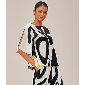 Women's Black Satin Silk Shirt Color Combo Magyar Half-Sleeve Bateau Flowy Graphic Casual Daily Spring Fall Cross-Seasons