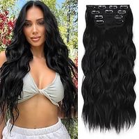 Clip in Long Wavy Synthetic Hair Extension 24 Inch Black 4PCS Thick Hairpieces Fiber Double Weft Hair for Women Lightinthebox