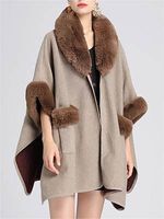 Women's Imitation Rabbit Fur Collar Shawl Cape Loose Woolen Coat Cardigan