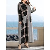 Women's Plus Size Curve Plaid Dress Casual Dress Winter Dress Plaid Long Dress Maxi Dress Long Sleeve Patchwork Pocket V Neck Fashion Outdoor Navy Blue Fall Winter XL 2XL 3XL Lightinthebox - thumbnail