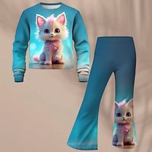 Girls' 3D Cat Sweatshirt  Flare Pants Set Long Sleeve 3D Print Spring Fall Active Fashion Daily Polyester Kids 3-12 Years Crew Neck Outdoor Date Vacation Regular Fit Lightinthebox