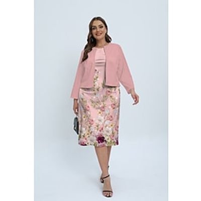 Women's Plus Size Curve Casual Dress Dress Set Two Piece Dress Floral Midi Dress Long Sleeve Print Crew Neck Fashion Outdoor Pink Fall Winter L XL XXL 3XL 4XL Lightinthebox