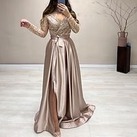 A-Line Evening Gown Elegant Dress Wedding Guest Fall Court Train Long Sleeve V Neck Satin with Pearls Strappy 2023 Lightinthebox - thumbnail