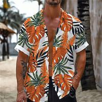 Leaf Tropical Men's Resort Hawaiian 3D Printed Shirt Outdoor Vacation Beach Summer Turndown Short Sleeve Blue Fuchsia Orange S M L Slub Fabric Shirt Lightinthebox